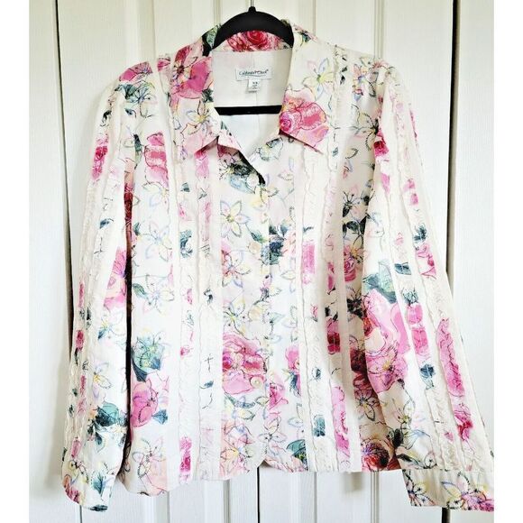 Coldwater Creek 18W Floral Tan Embroidered Jacket Long Sleeve‎ Lined Ruffles - Picture 1 of 10